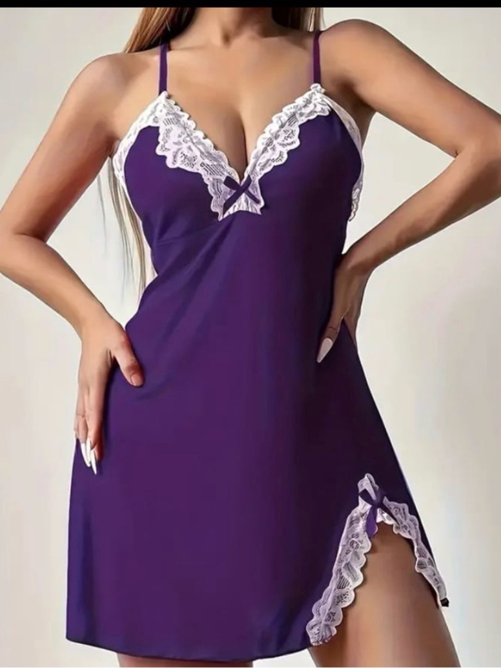 🆕 Women’s Plus Size Purple Lace-Trim Chemise Nightdress - Picture 3 of 4